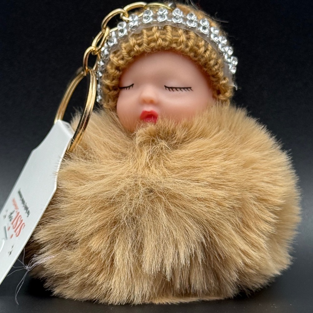 Sisi NY Collection Baby Doll Pom Pom Keychain Rhinestone‎ Hat Gold Tone